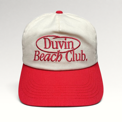Raree Finds Duvin Beach Club snapback hat in cream and red cotton with an embroidered vintage-style logo