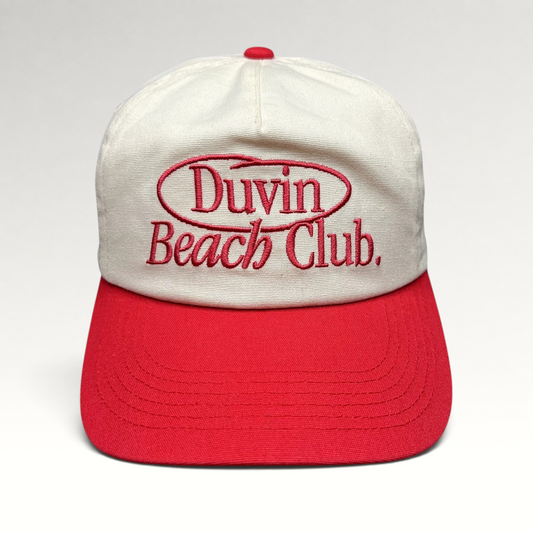 Raree Finds Duvin Beach Club snapback hat in cream and red cotton with an embroidered vintage-style logo