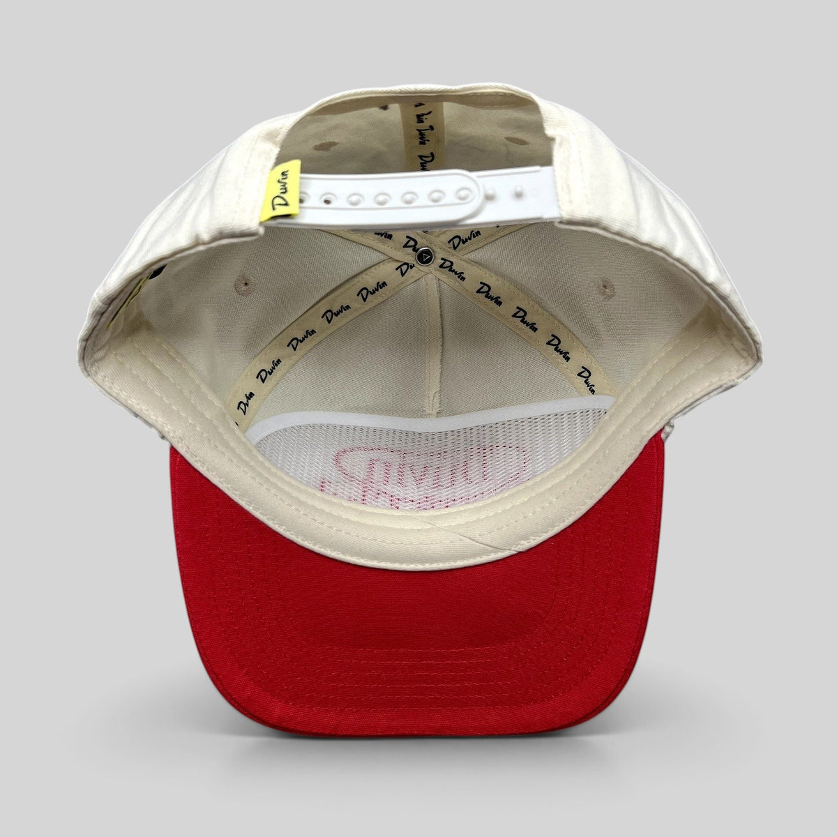 Raree Finds Duvin Beach Club snapback hat in red and cream cotton with adjustable closure and interior branding