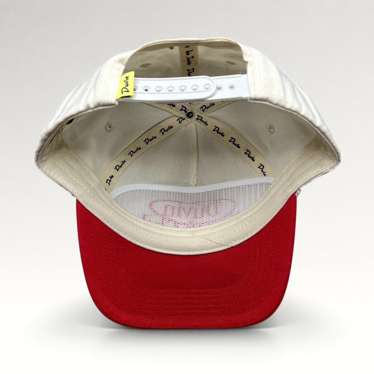 Raree Finds Duvin Beach Club snapback hat in red and cream cotton with adjustable closure and interior branding