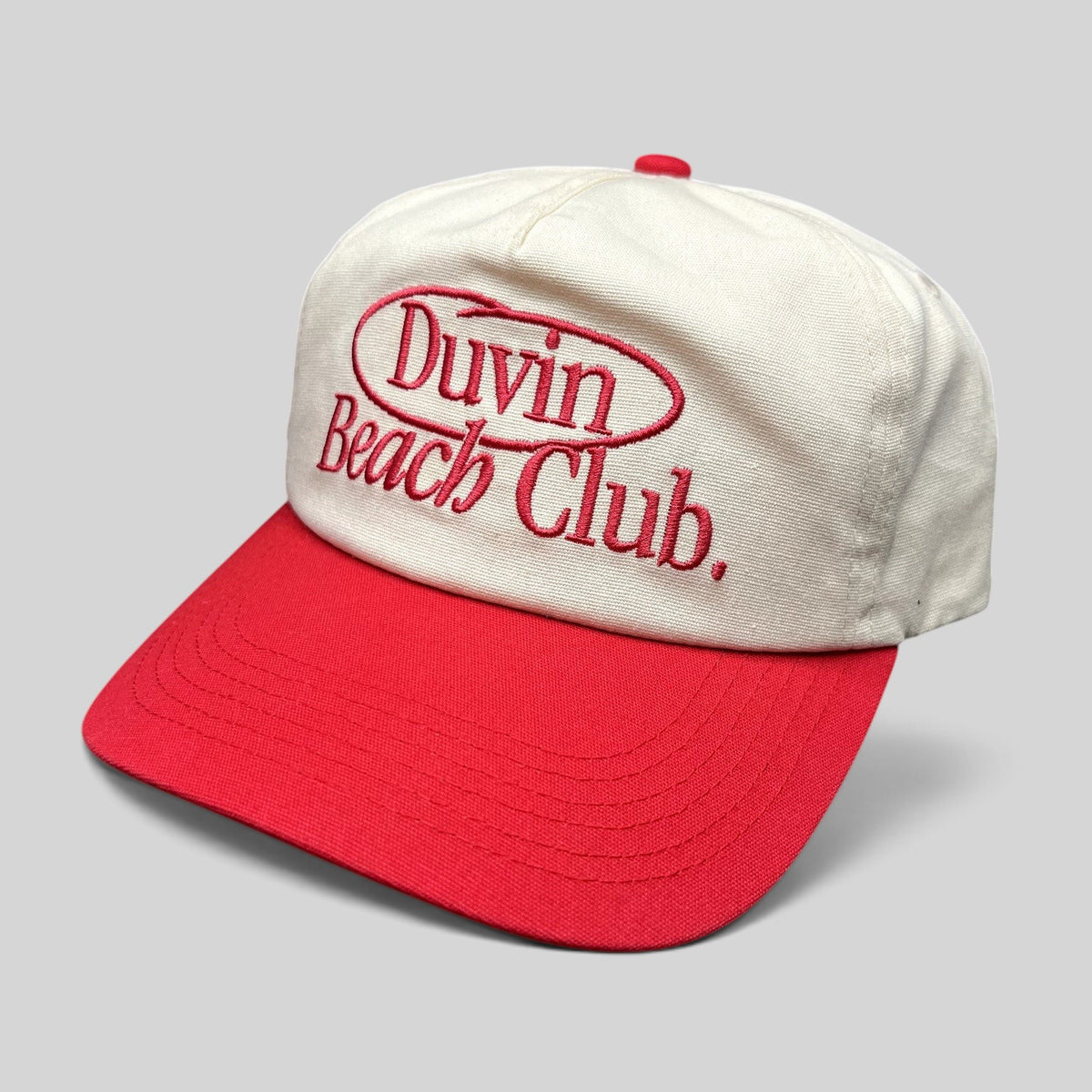 Raree Finds Duvin Beach Club snapback hat in cream and red cotton with an embroidered vintage-style front logo.