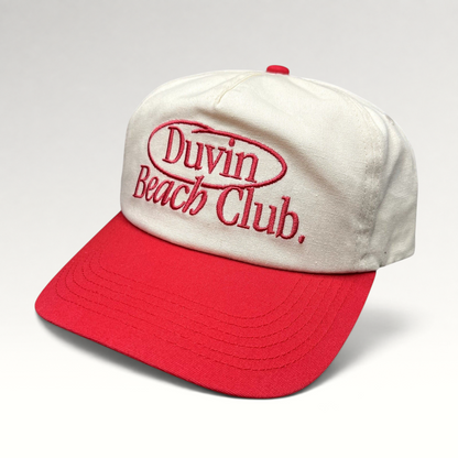Raree Finds Duvin Beach Club snapback hat in cream and red cotton with an embroidered vintage-style front logo.