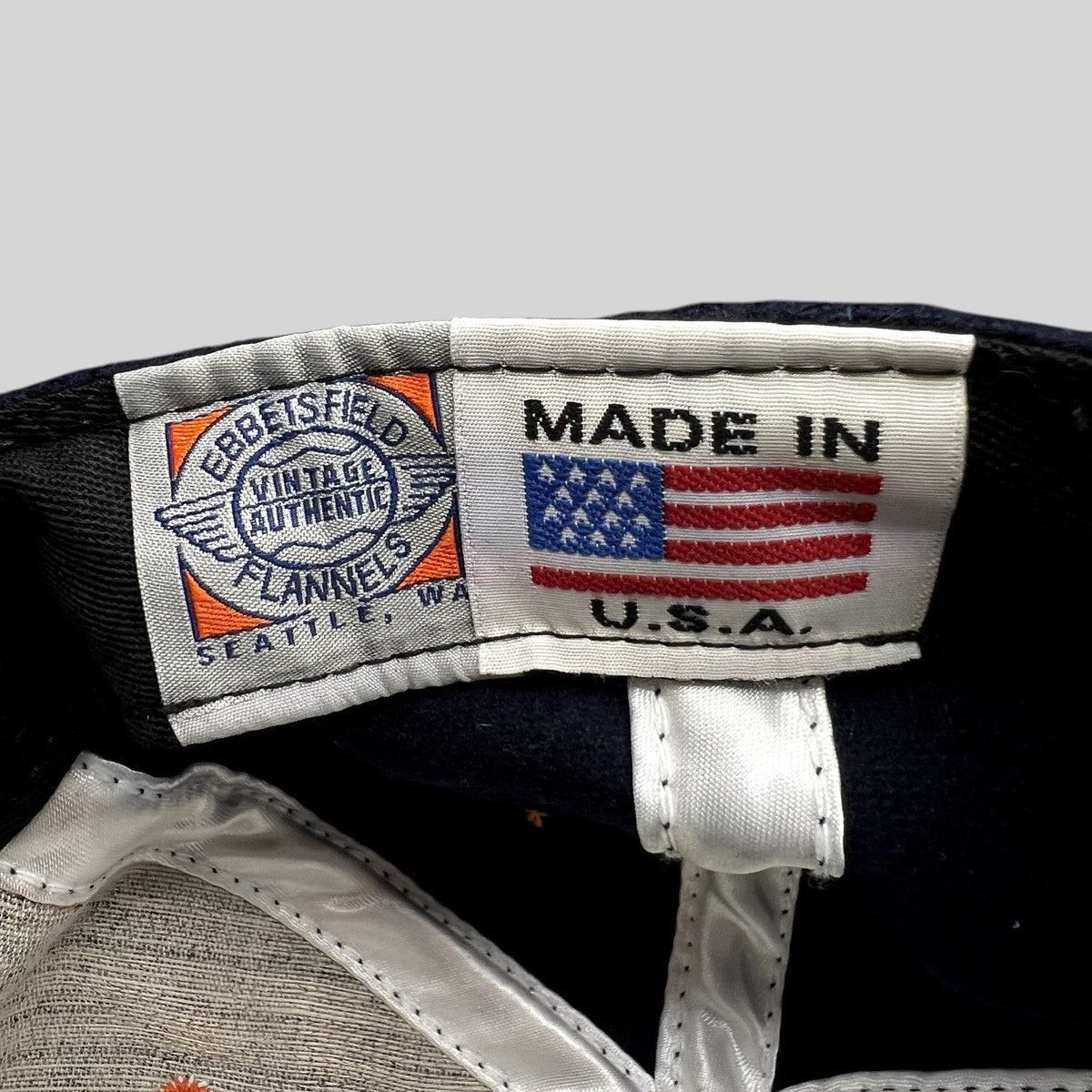 Raree Finds Ebbets Field Flannels hat interior label showing Made in USA branding and vintage baseball logo