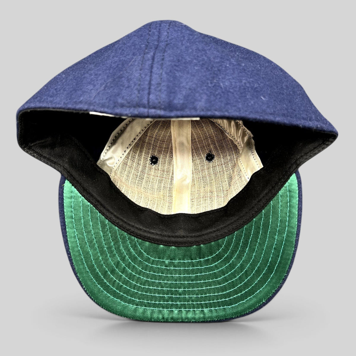 Raree Finds Ebbets Field Flannels navy wool fitted hat with green satin undervisor and vintage interior construction