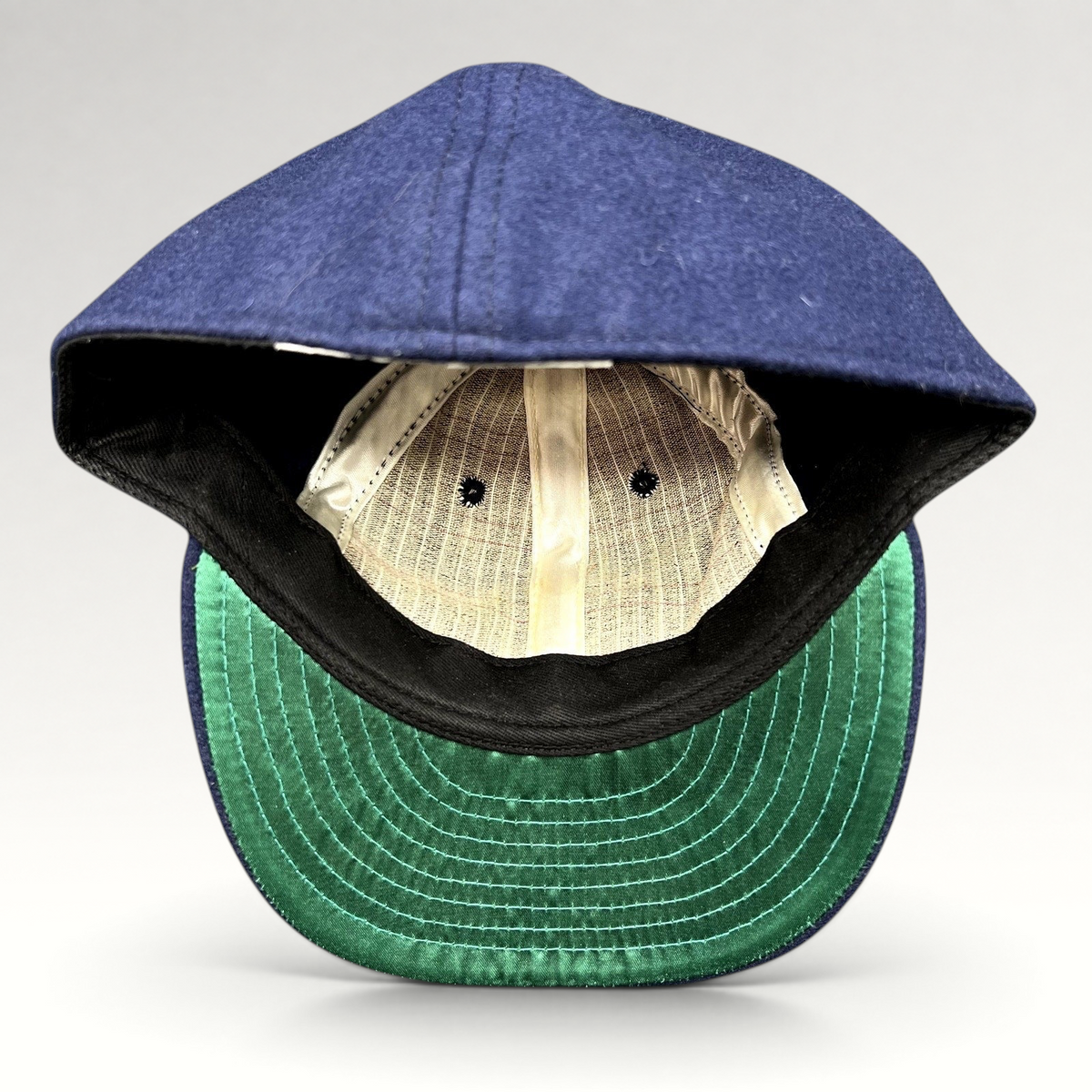 Raree Finds Ebbets Field Flannels navy wool fitted hat with green satin undervisor and vintage interior construction