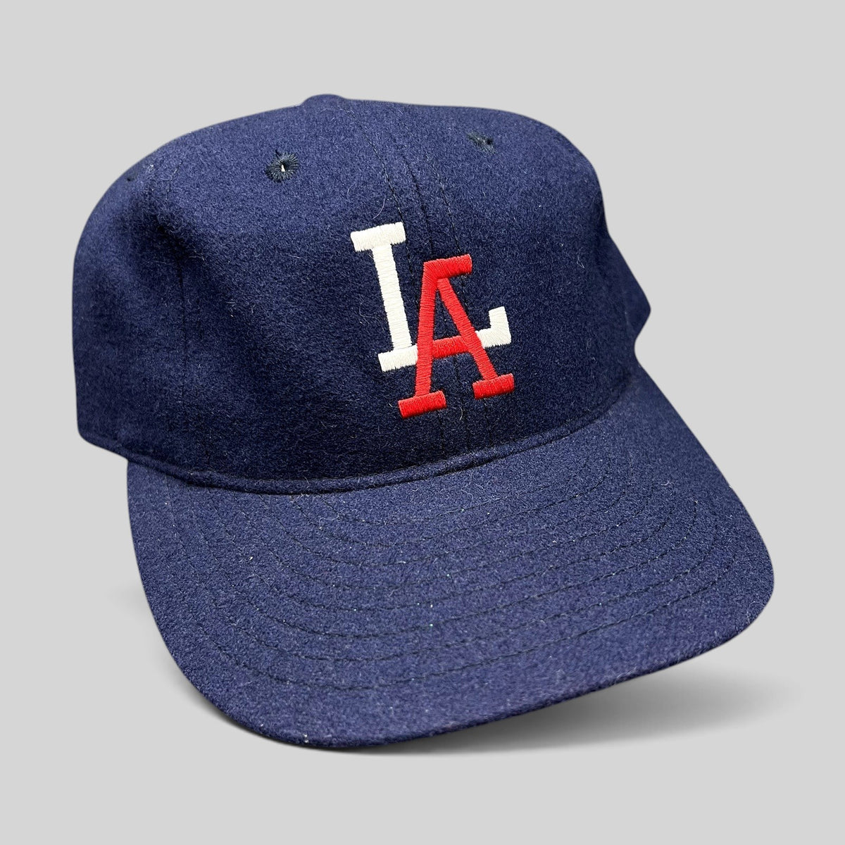 Raree Finds Ebbets Field Flannels navy wool Los Angeles fitted baseball cap with embroidered white and red LA logo