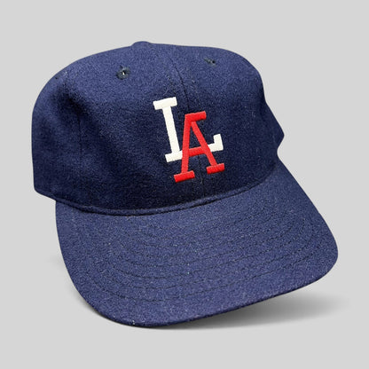 Raree Finds Ebbets Field Flannels navy wool Los Angeles fitted baseball cap with embroidered white and red LA logo