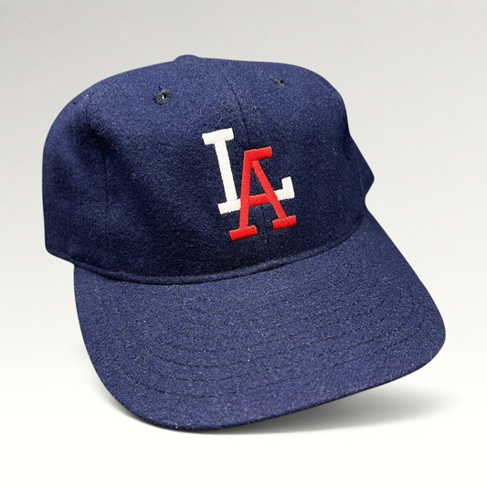 Raree Finds Ebbets Field Flannels navy wool Los Angeles fitted baseball cap with embroidered white and red LA logo