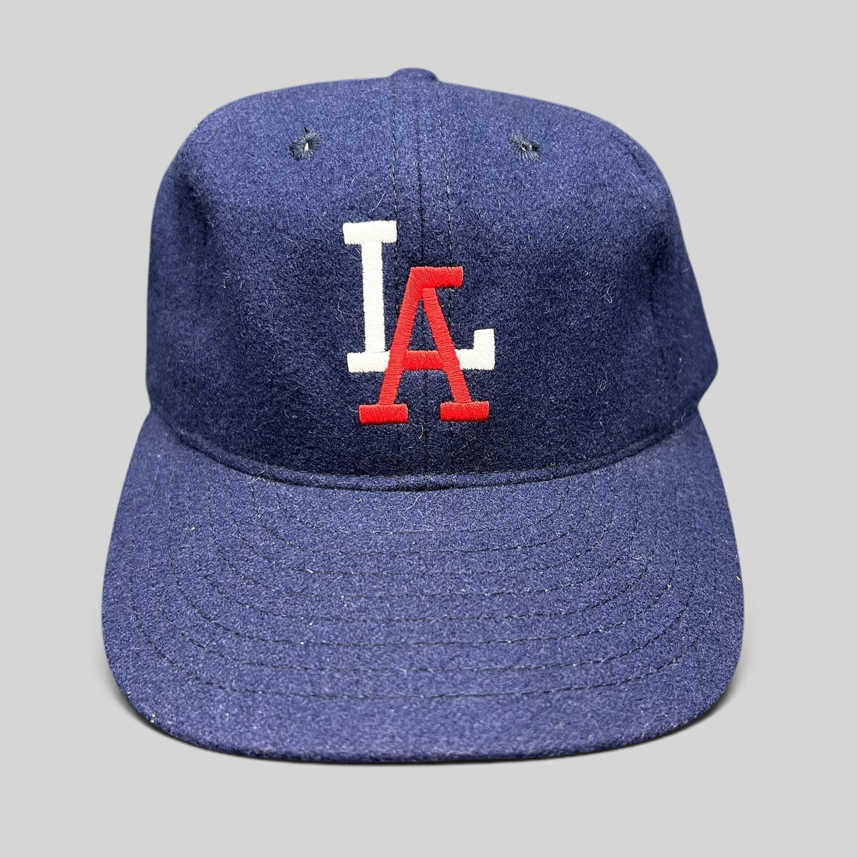 Raree Finds Ebbets Field Flannels navy wool Los Angeles fitted baseball cap with embroidered white and red LA logo