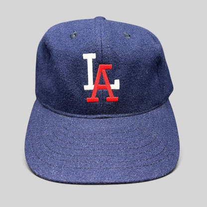 Raree Finds Ebbets Field Flannels navy wool Los Angeles fitted baseball cap with embroidered white and red LA logo