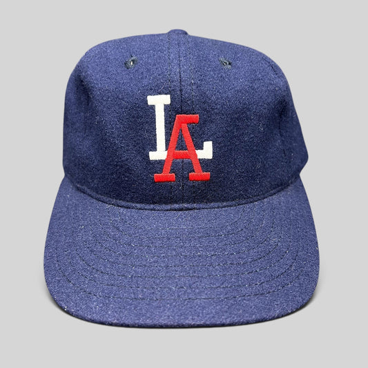 Raree Finds Ebbets Field Flannels navy wool Los Angeles fitted baseball cap with embroidered white and red LA logo