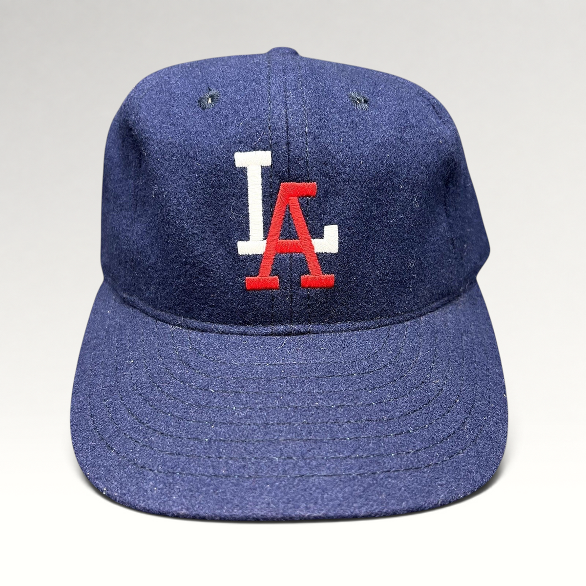 Raree Finds Ebbets Field Flannels navy wool Los Angeles fitted baseball cap with embroidered white and red LA logo