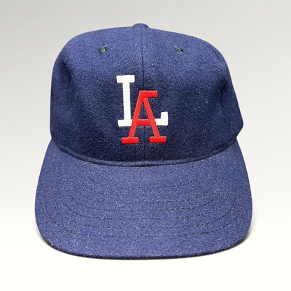 Raree Finds Ebbets Field Flannels navy wool Los Angeles fitted baseball cap with embroidered white and red LA logo