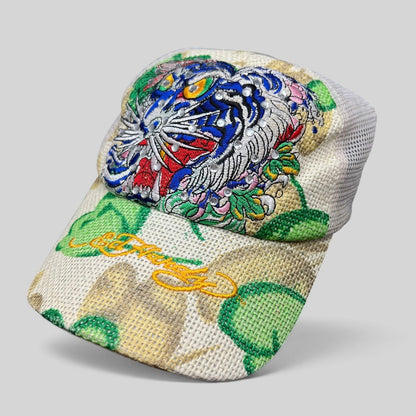 Raree Finds vintage Don Ed Hardy Y2K trucker hat with embroidered tiger graphic, rhinestone details, and mesh back.