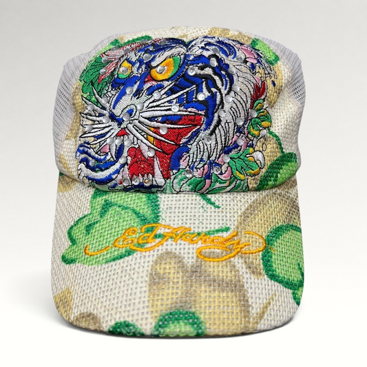 Raree Finds vintage Don Ed Hardy Y2K trucker hat featuring a vibrant embroidered tiger graphic with rhinestone accents