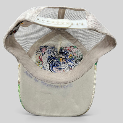 Raree Finds vintage Don Ed Hardy Y2K trucker hat with white mesh back and embroidered tiger graphic on brim underside