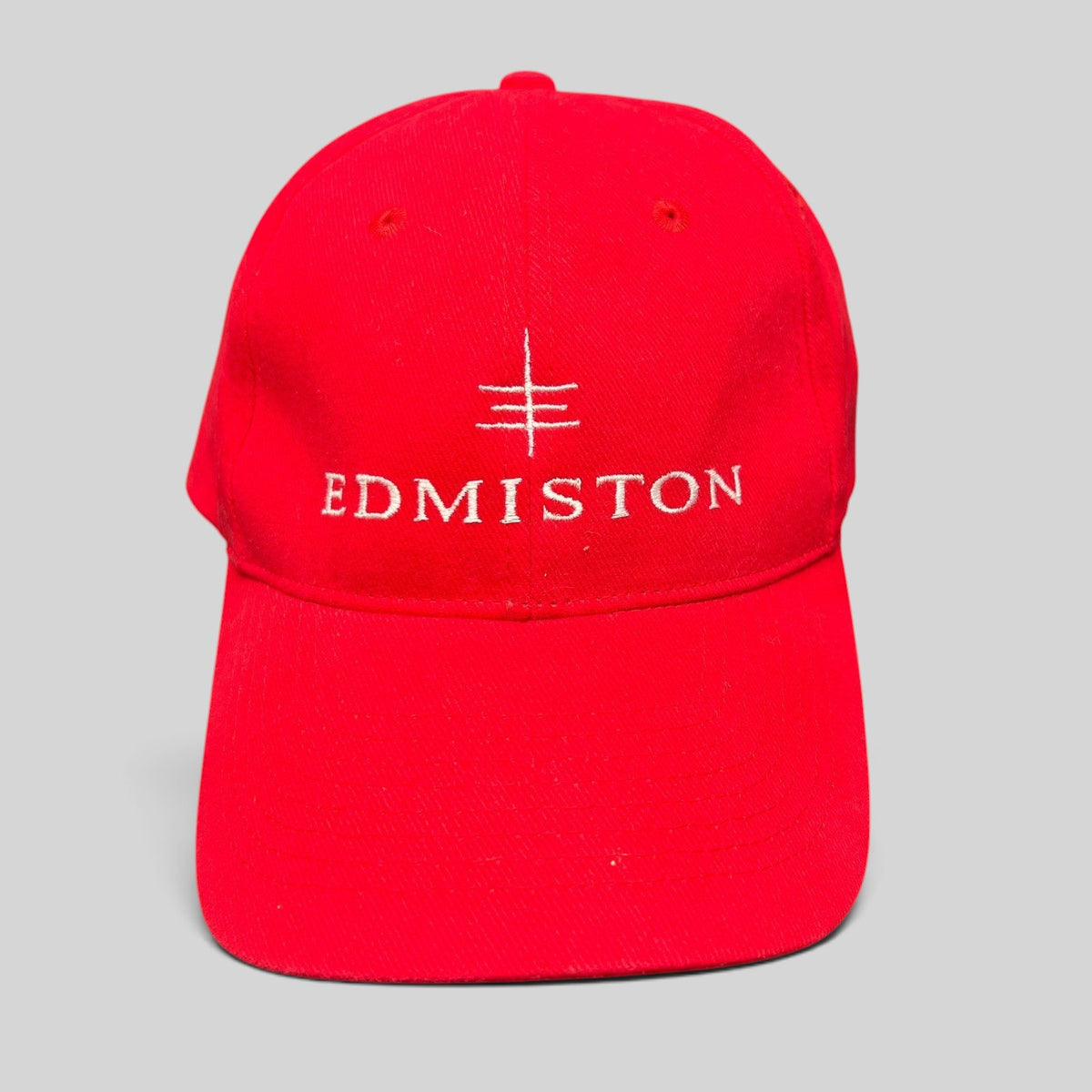 Raree Finds red cotton snapback hat with white Edmiston yachting logo embroidery on the front