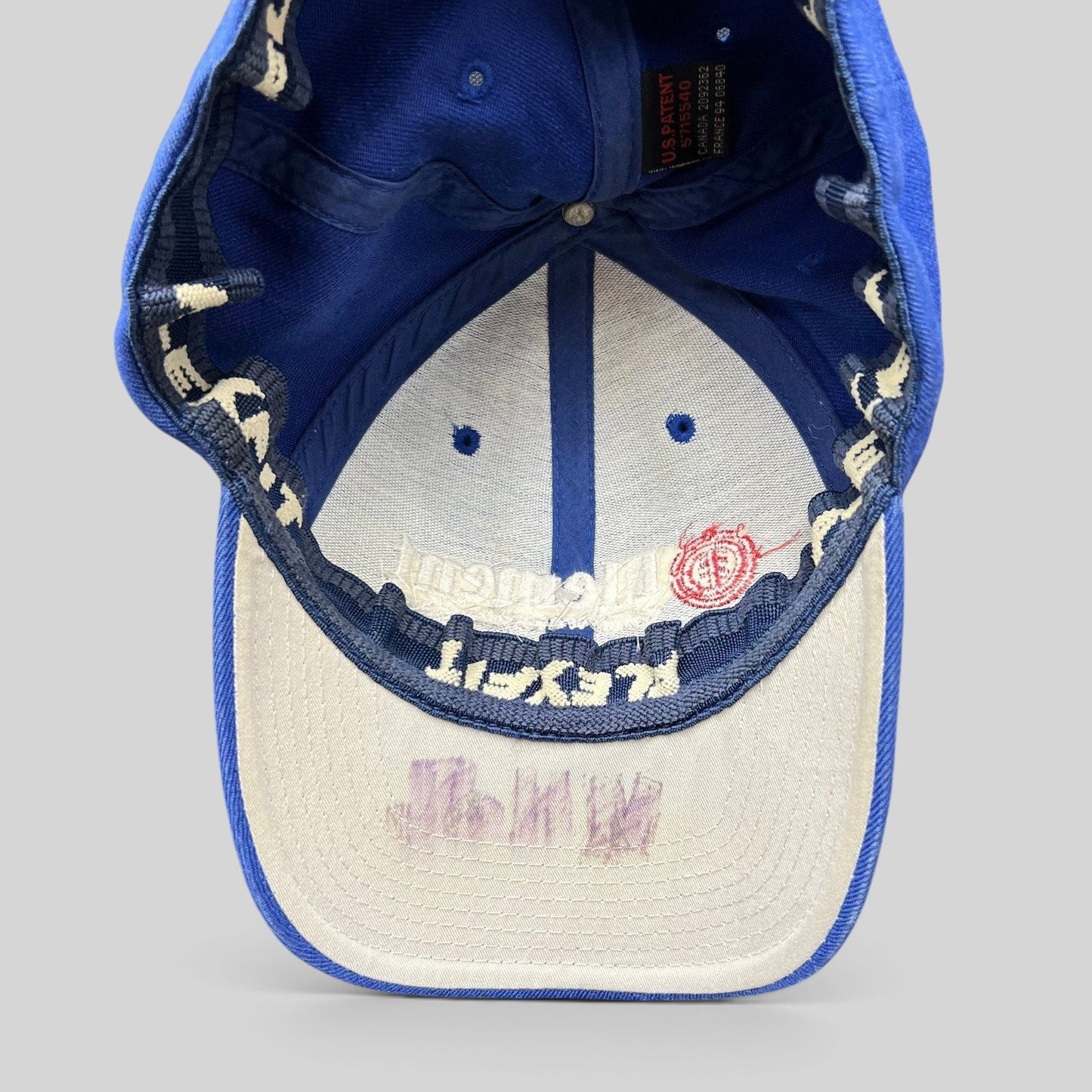 Raree Finds vintage blue Element Flexfit hat showing interior brim with handwritten marking and branded taping