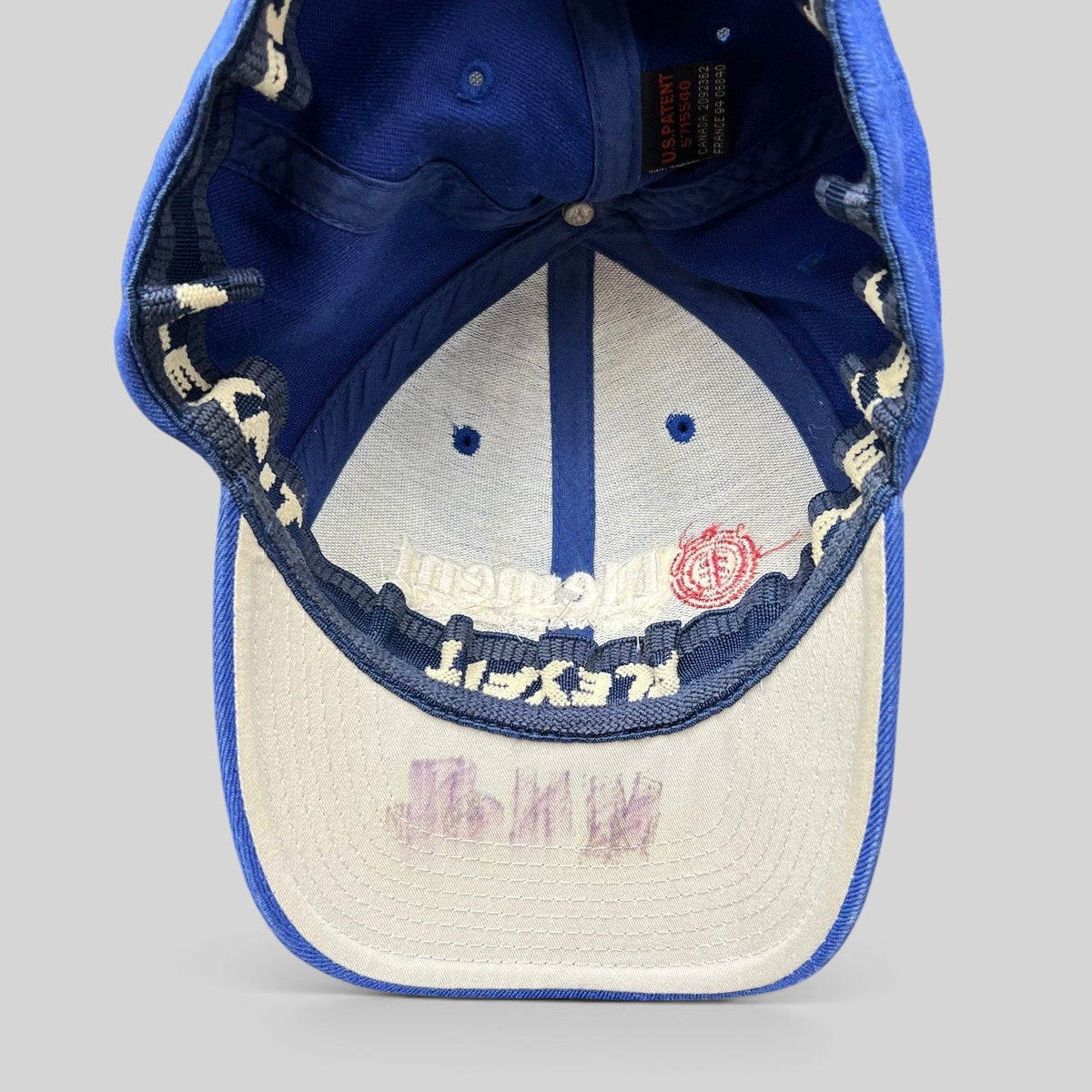 Raree Finds vintage blue Element Flexfit hat showing interior brim with handwritten marking and branded taping