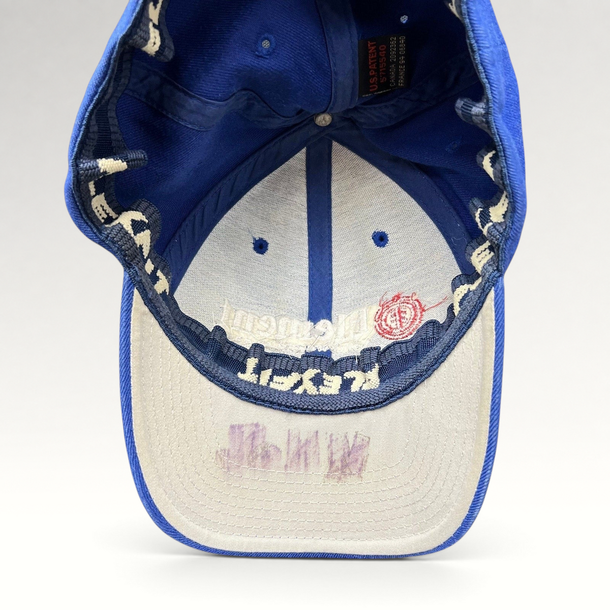 Raree Finds vintage blue Element Flexfit hat showing interior brim with handwritten marking and branded taping