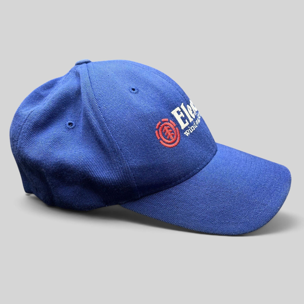 Raree Finds vintage blue Element Flexfit skate hat with embroidered spellout logo and structured crown