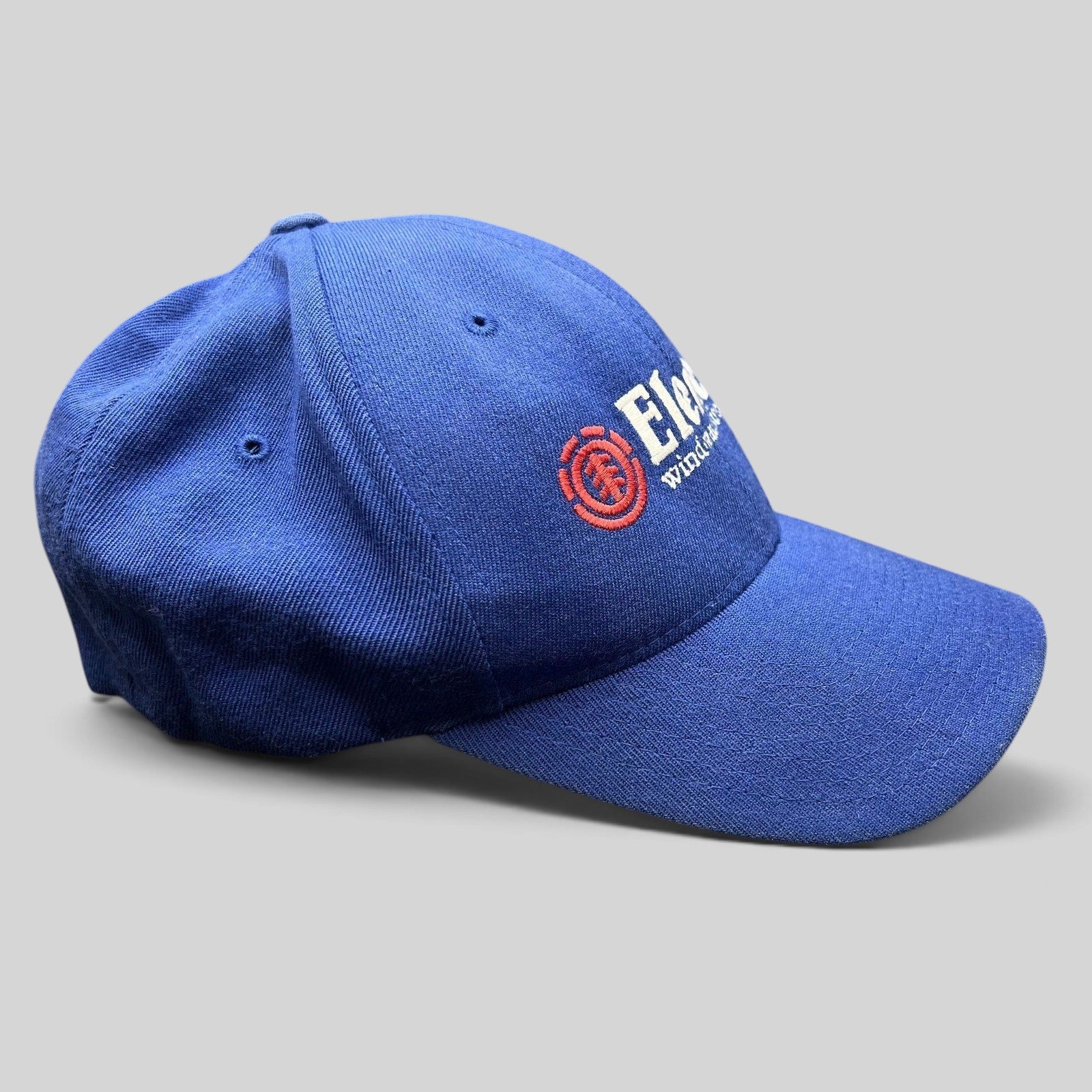 Raree Finds vintage blue Element Flexfit skate hat with embroidered spellout logo and structured crown