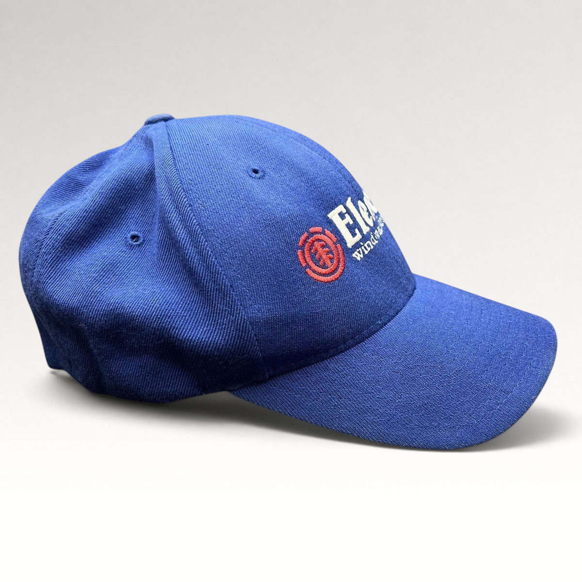 Raree Finds vintage blue Element Flexfit skate hat with embroidered spellout logo and structured crown