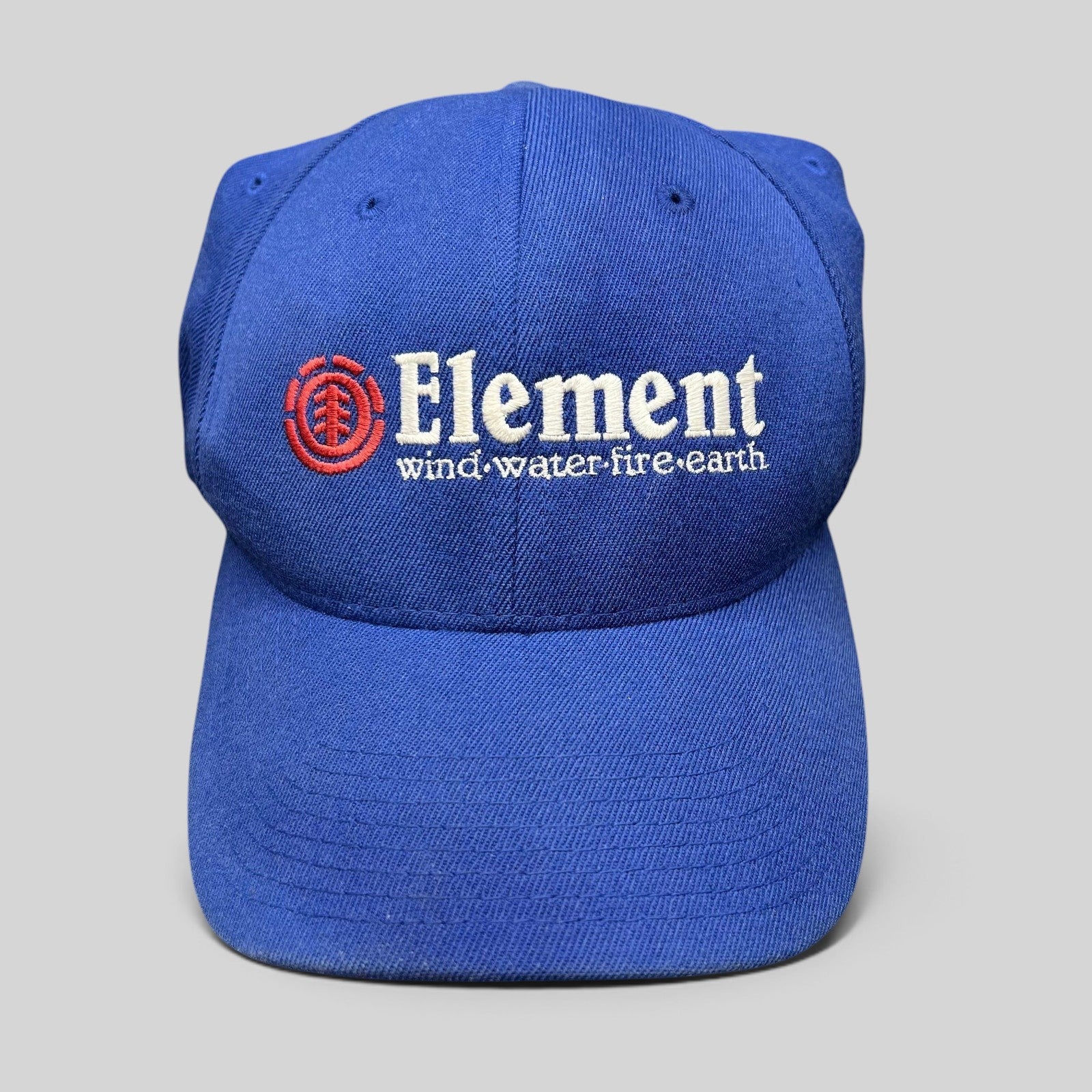 Raree Finds vintage blue Element skate hat with embroidered logo and wind water fire earth tagline on structured crown