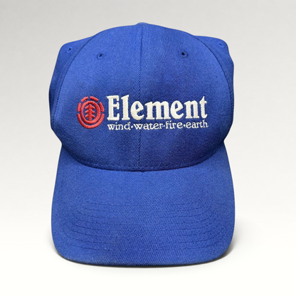 Raree Finds vintage blue Element skate hat with embroidered logo and wind water fire earth tagline on structured crown