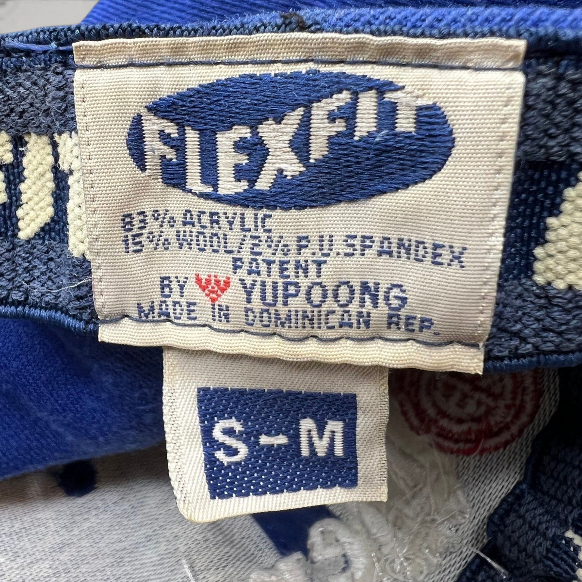 Raree Finds vintage Element Flexfit hat interior tag showing material blend and size S-M