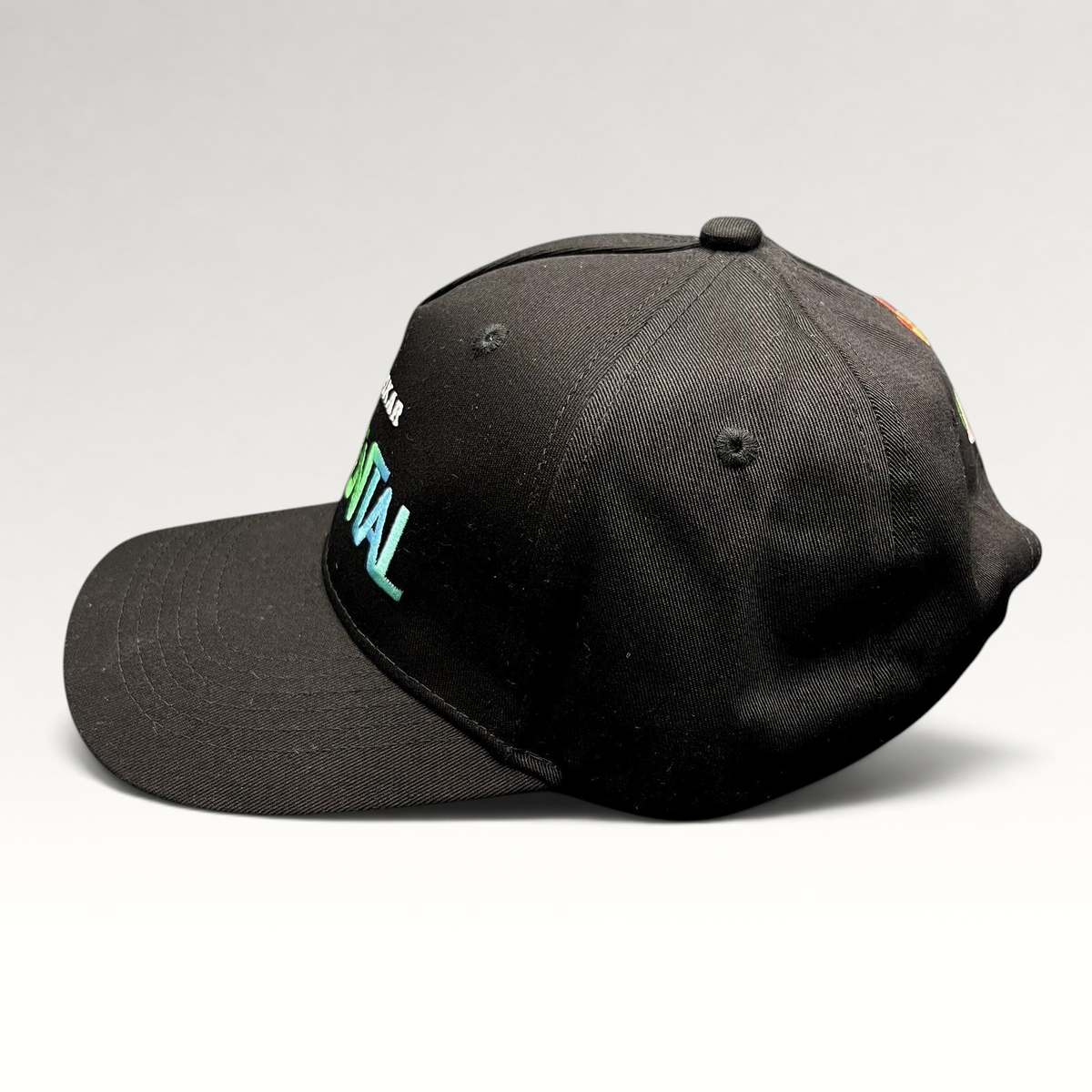 Raree Finds black Disney Pixar Elemental movie promotional strapback hat with colorful embroidered front logo