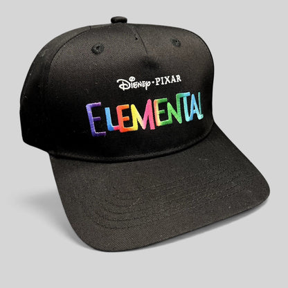 Raree Finds black Disney Pixar Elemental movie promotional strapback hat with vibrant multi-color embroidered logo.