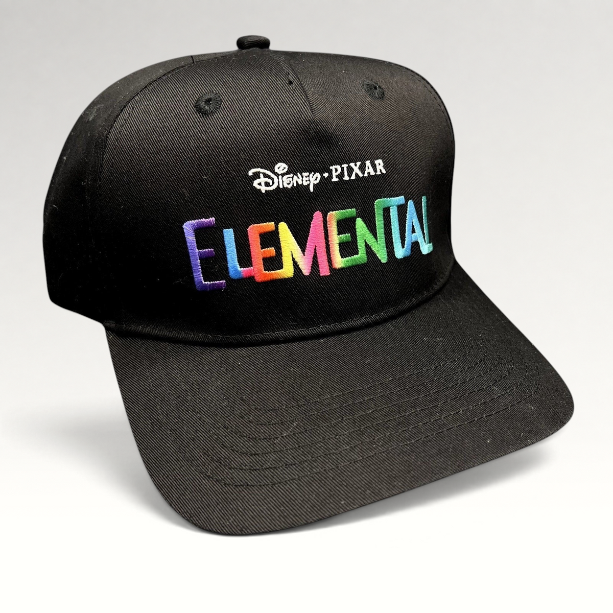 Raree Finds black Disney Pixar Elemental movie promotional strapback hat with vibrant multi-color embroidered logo.