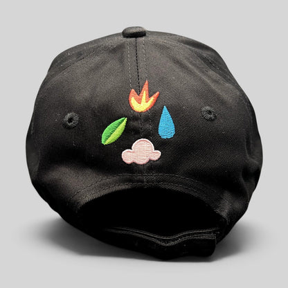 Raree Finds black strapback hat featuring colorful elemental icon embroidery on the back panel