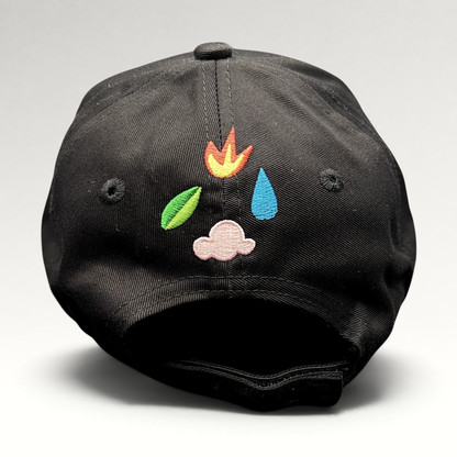 Raree Finds black strapback hat featuring colorful elemental icon embroidery on the back panel