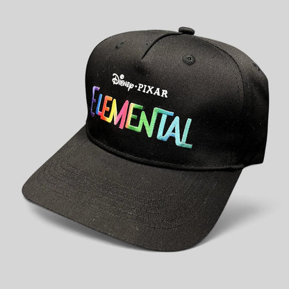 Raree Finds black Disney Pixar Elemental movie promotional strapback hat with vibrant multi-color embroidered logo.