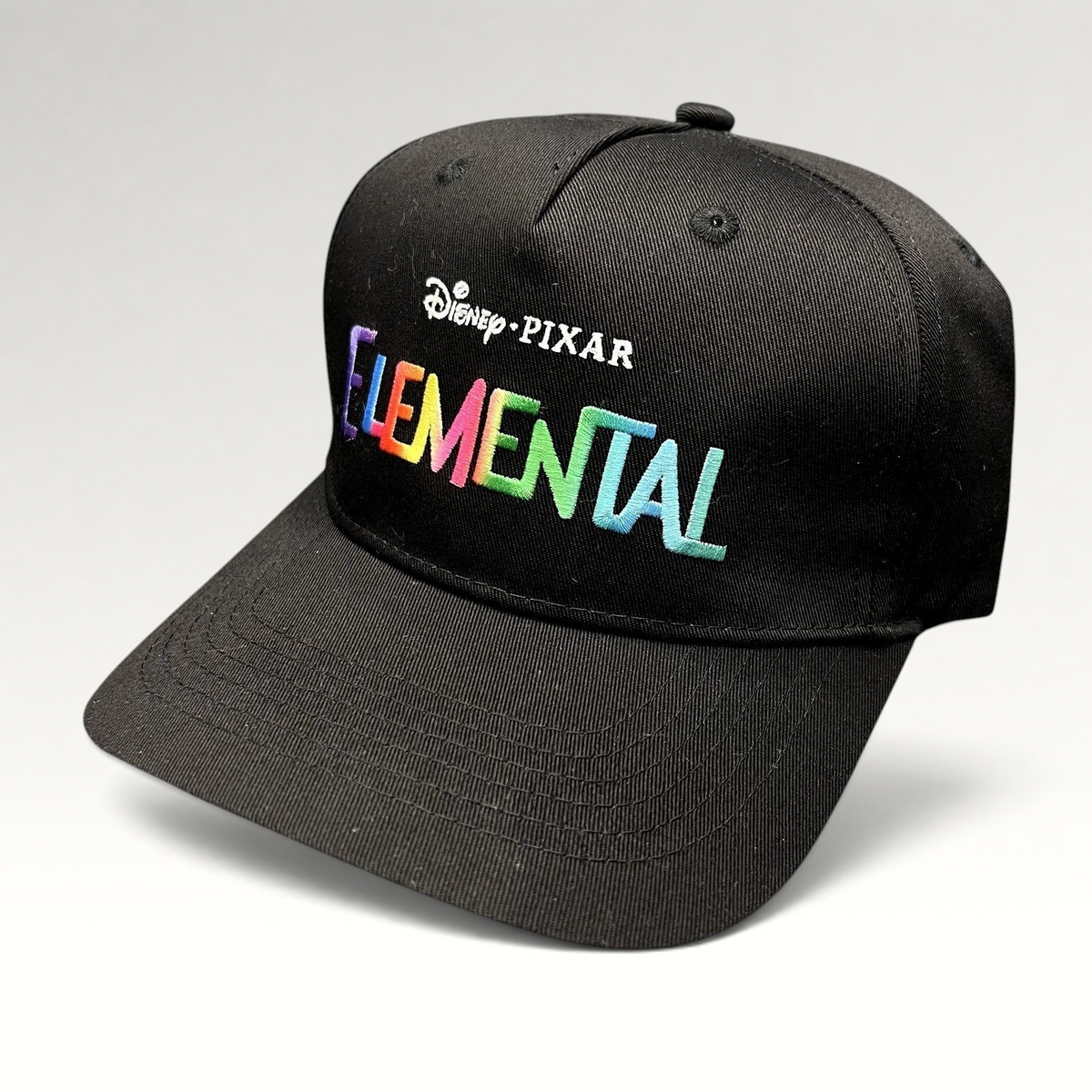 Raree Finds black Disney Pixar Elemental movie promotional strapback hat with vibrant multi-color embroidered logo.