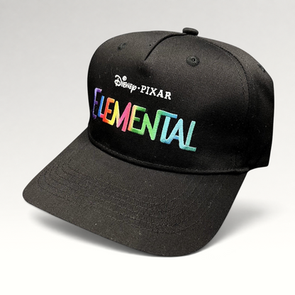 Raree Finds black Disney Pixar Elemental movie promotional strapback hat with vibrant multi-color embroidered logo.