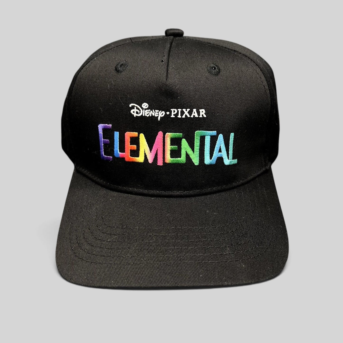 Raree Finds black Disney Pixar Elemental movie promotional strapback hat with vibrant multi-color embroidered logo