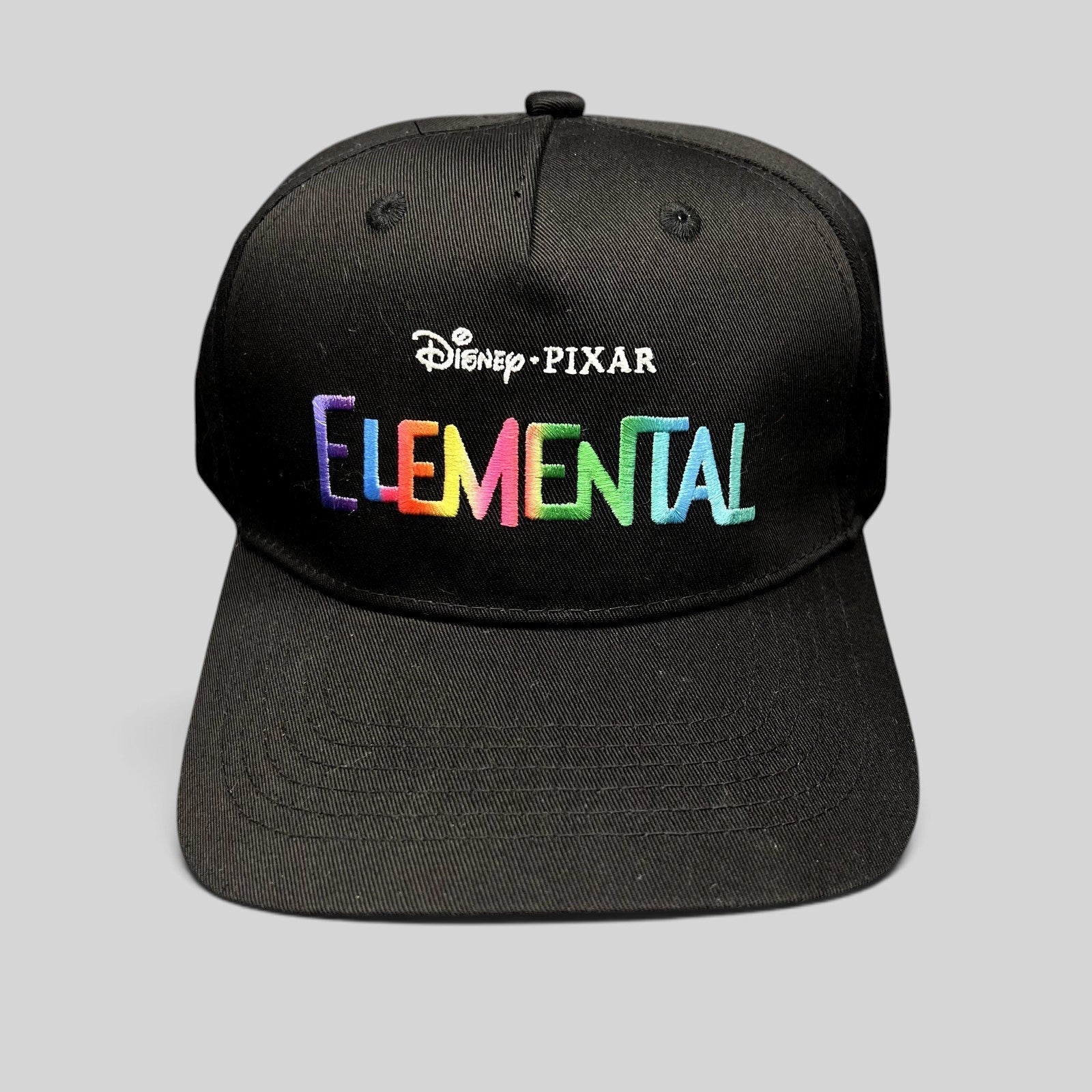 Raree Finds black Disney Pixar Elemental movie promotional strapback hat with vibrant multi-color embroidered logo