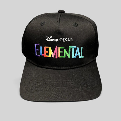 Raree Finds black Disney Pixar Elemental movie promotional strapback hat with vibrant multi-color embroidered logo