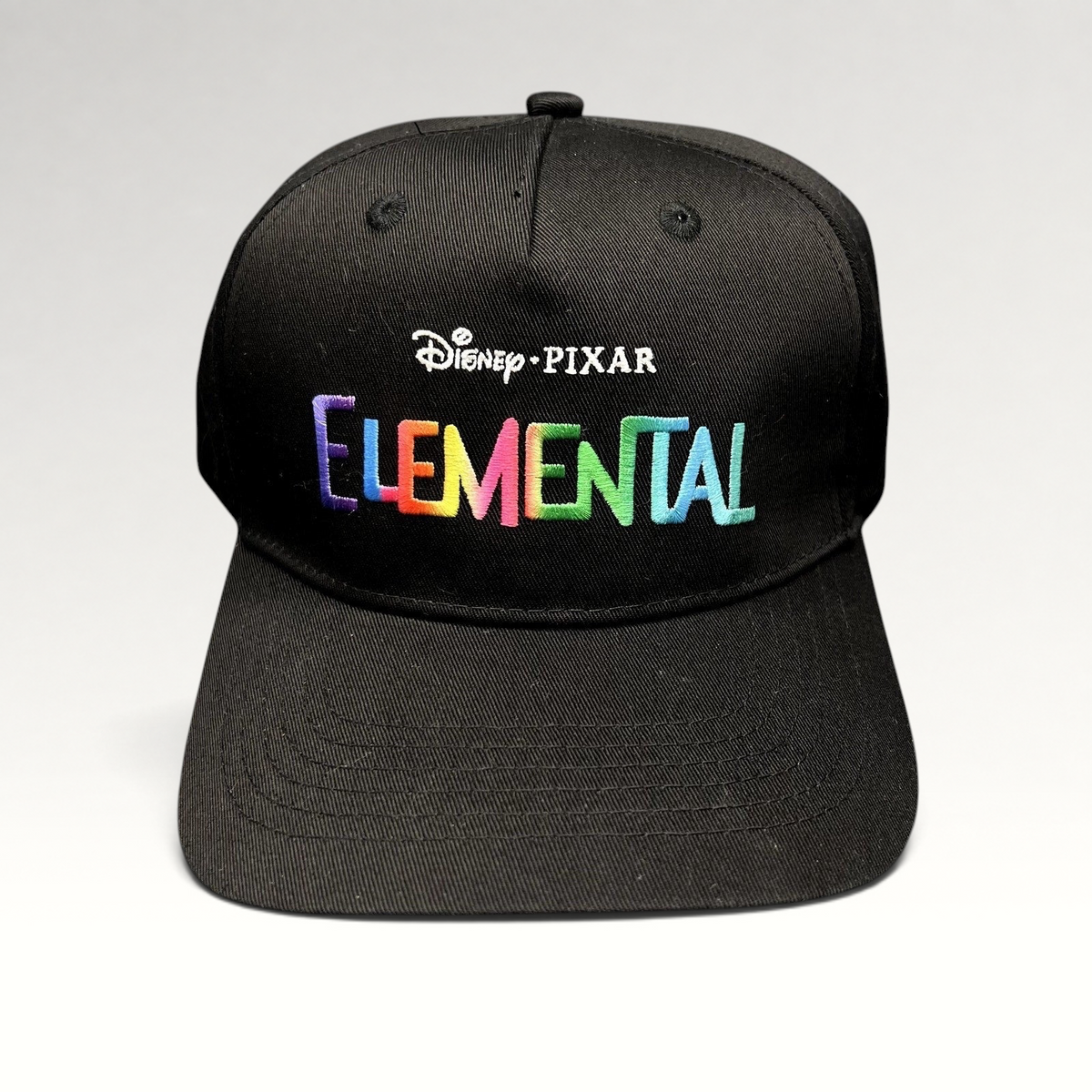Raree Finds black Disney Pixar Elemental movie promotional strapback hat with vibrant multi-color embroidered logo