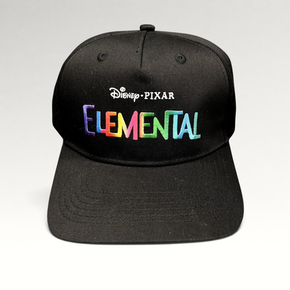 Raree Finds black Disney Pixar Elemental movie promotional strapback hat with vibrant multi-color embroidered logo