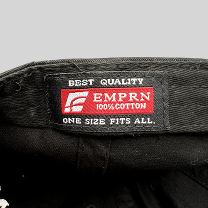 Raree Finds black cotton strapback hat interior label featuring EMPRN branding and quality details