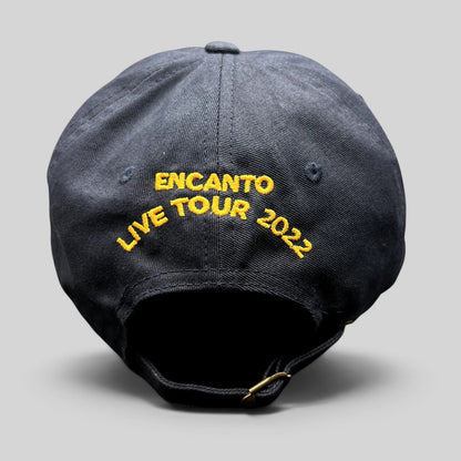 Raree Finds navy blue cotton dad hat with yellow Encanto Live Tour 2022 embroidery and brass buckle strapback