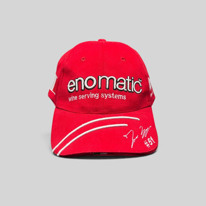 Raree Finds red Enomatic Ferrari racing hat with Thomas Biagi signature, #51 embroidery, and white racing stripes.