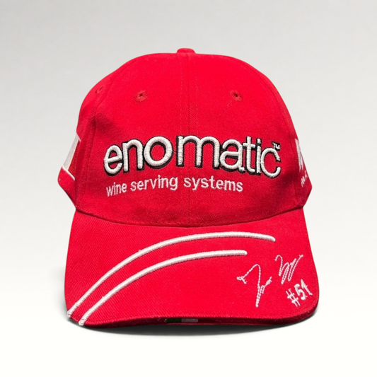 Raree Finds red Enomatic Ferrari racing hat with Thomas Biagi signature, #51 embroidery, and white racing stripes.