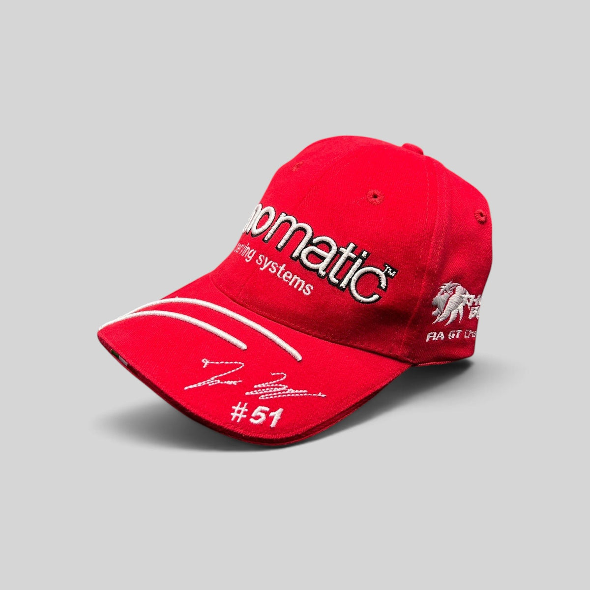Raree Finds red Enomatic Ferrari racing hat with Thomas Biagi signature, #51 embroidery, and curved brim.