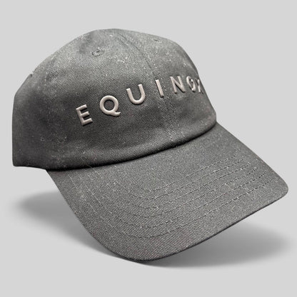 Raree Finds black Equinox fitness strapback hat with raised rubberized logo lettering and adjustable fabric strap
