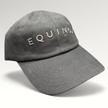 Raree Finds black Equinox fitness strapback hat with raised rubberized logo lettering and adjustable fabric strap